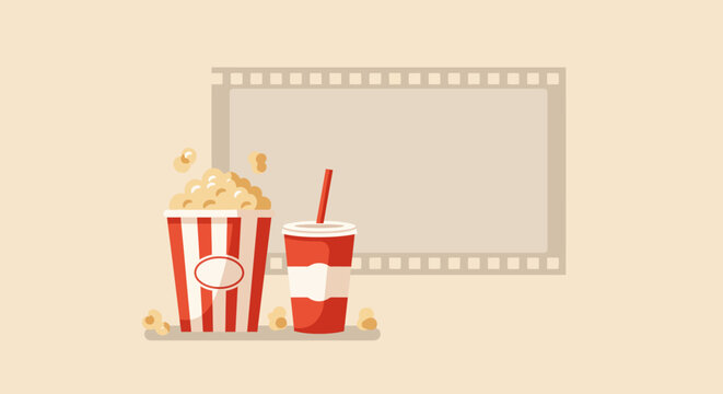 A playful flat design illustration featuring iconic cinema snacks, popcorn and a soda, symbolizing the quintessential movie-watching experience at the Vancouver Film Festival. 
