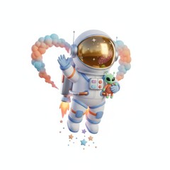A friendly astronaut waves hello while soaring through space clutching a little alien friend