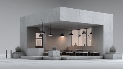 Empty room interior with an open door leading to snow and a single window in the wall