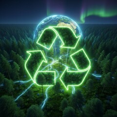 A glowing recycle symbol encompasses a lush forest and Earth symbolizing sustainable practices