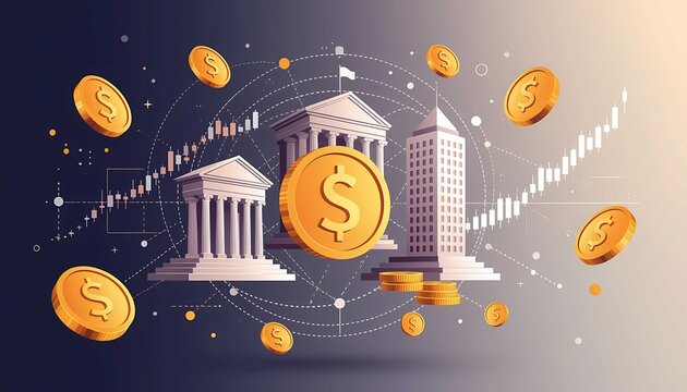 Digital finance and global investment network illustration with money, banking, cryptocurrency, fintech, market, exchange, accounting, technology, innovation, secure