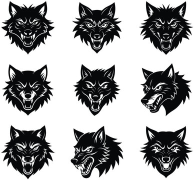 Collection of nine fierce black wolf head illustrations with snarling expressions and sharp teeth on a white background