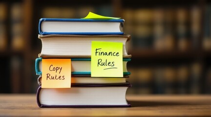 trade expense regulation judge concept. Books with sticky notes on rules in a library setting.