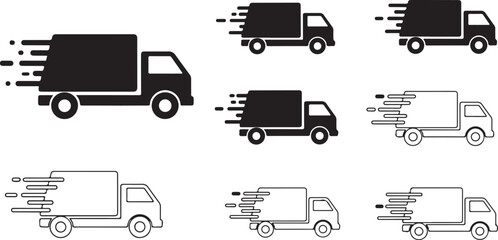 Illustration of collection of fast delivery truck icons isolated on white background