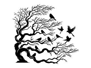 Haunting silhouette of a twisted, windswept tree with a flock of black birds taking flight