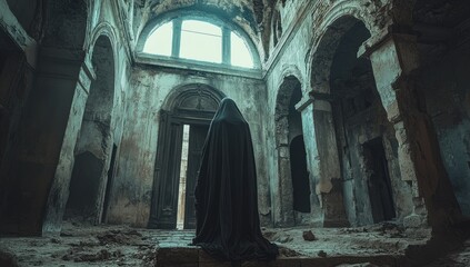 Eerie Cloaked Figure in Desolate, Crumbling Gothic Church Ruins
