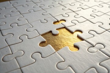 Close-up of a jigsaw puzzle with a missing piece revealing a golden background, symbolizing completion