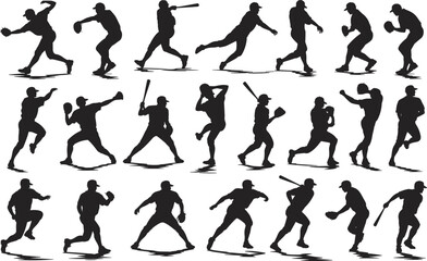 Silhouettes of baseball players pitching, batting, catching, running, baseball action, sports movements, baseball game, athletic players, baseball silhouettes, dynamic poses.