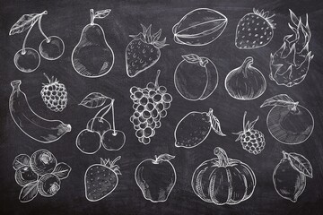 Various of fruits seamless set on black background. Sketch of pear, lemon, strawberry, peach, raspberry, grape, starfruit, cherry, banana, and apple on chalk board. Line art of fruit on black board © Wiwi