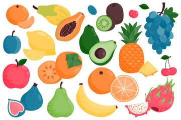 Set of ripe juicy fruits. Papaya, plum, avocado, pear, pitaya, tangerine, lemon, orange, apple, grapes, banana, cherry, fig, persimmon, pineapple, grapes.