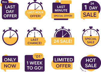 Exciting collection of limited time sale and offer badges with timers, perfect for promotions.