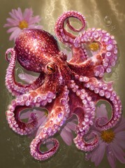 Fototapeta premium Beautiful Pink Octopus Among Flowers.