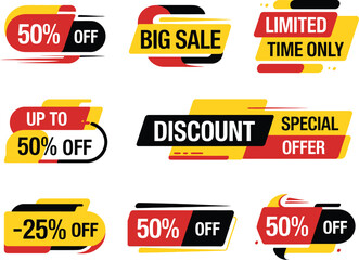 Collection of vibrant sale and discount labels with percentages and offers