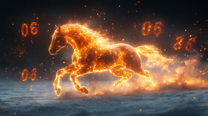 Epic fantasy. New Year 2026, Year of the Horse. A majestic, powerful horse, created from unearthly fire and light, races at high speed across a snowy field at night.