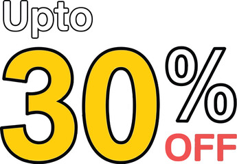 Bright yellow 30% off discount graphic with "Upto" and "OFF" text