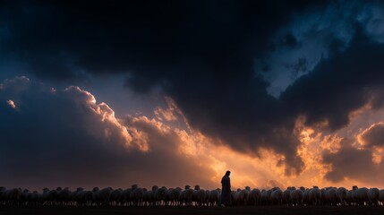 Jesus guiding a flock of sheep under a dramatic sunset sky in a serene rural landscape