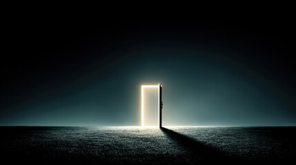 Glowing door grassy hill night landscape minimal scene open doorway beam light long shadow mystery surreal solitude. Glowing door grassy hill night landscape with minimal scene and open doorway