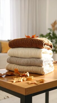 Stack of warm knitted sweaters or pullovers on table decorated with autumn leaves in cozy interior