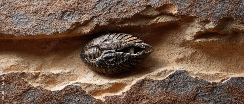 Poster geology fossil strata concept. fossilized shell embedded in textured rock surface, showcasing natura