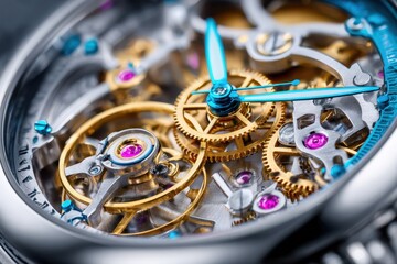 Close up of intricate watch mechanism with blue hands