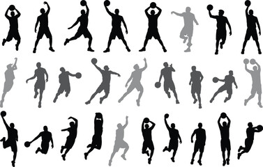 Silhouettes of basketball players jumping, dribbling, shooting, passing, action poses, sports, teamwork, athleticism, competition, black and white