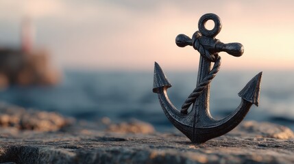 Detailed View of a Rustic Anchor on a Rocky Shore with a Scenic Background at Sunset