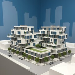 Scale model of modern apartment building with balconies, urban architecture style