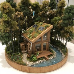 Tiny house model surrounded by forest trees, sustainable living concept