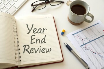 Year-End Review Notebook on Desk with Coffee, Glasses, and Graphs in Background for Business Planning