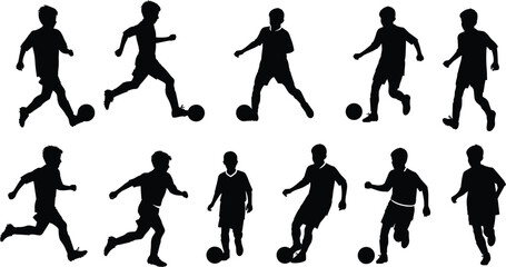 Silhouettes of boys playing soccer with ball, running, kicking, active children outdoors, football game, kids sports, healthy lifestyle, youth exercise