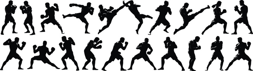 Silhouettes of boxing and martial arts fighters, punching, kicking, sparring, training, combat, self-defense, fitness, action, strength, athletic, sport, competition