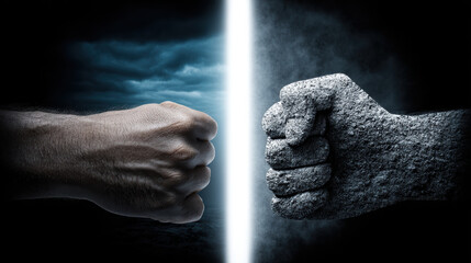 Human fist stone fist split light dark background concept art duality contrast power conflict metaphor. Human fist and stone fist meet split light, dark background adds tension and duality