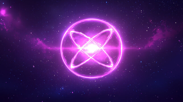 Glowing pink atomic symbol radiates against starry cosmic background, evoking sense of futuristic energy and mystery