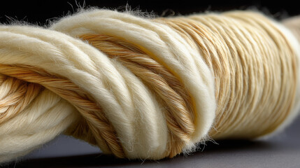 Cream yarn soft fiber wool texture thread detail macro textile natural material cozy craft beige color closeup twist studio lighting evokes calm