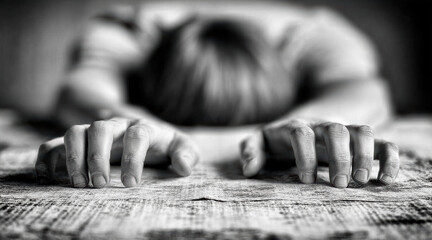 Hands on floor open palm person blurred face grayscale dramatic light ambient shadow moody tone emotional posture close up. Tension and quiet despair ripple through texture and form