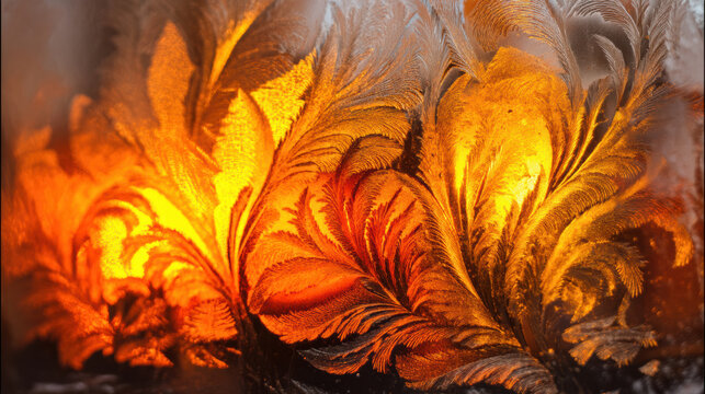 Glowing frost pattern fiery orange ice crystal macro winter texture abstract nature feather like backlit detail warm light close up seasonal chill creates awe and wonder