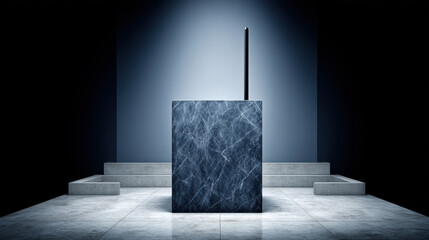 Sleek digital pen minimalist pedestal marble texture moody lighting modern design futuristic concept neural input stylus device blue gray stone platform. Sleek digital pen minimalist pedestal with
