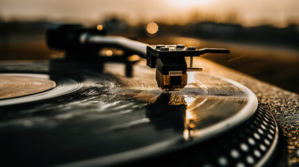 Warm sunset light reflects on vinyl record groove under turntable tonearm, shallow depth of field adds cinematic mood and gentle nostalgia, soft bokeh glows as music spins in golden hour