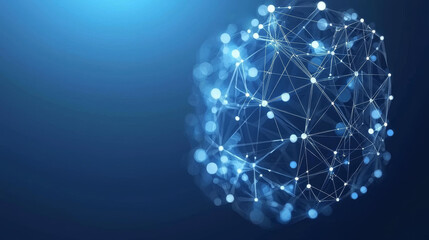 Glowing network of interconnected nodes forms spherical shape against dark blue background, symbolizing digital connectivity and technology