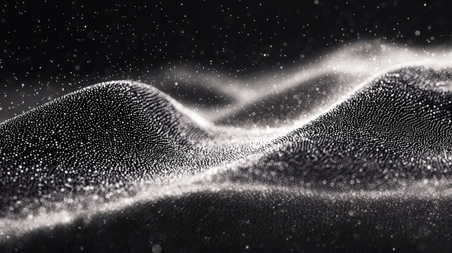 Fototapeta Mesmerizing black and white abstract image features landscape of undulating waves composed of countless tiny particles, creating sense of motion and depth. particles appear to float and shimmer