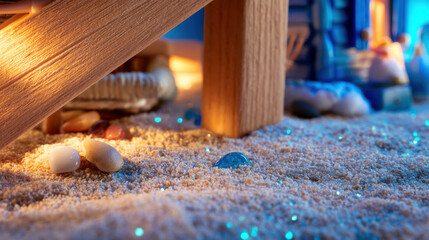 Miniature beach tiny world desk scene glowing sand warm light seashell pebbles wood leg blue accent cozy mood fantasy diorama closeup grain sparkle shimmer sea glass micro scale indoor toy prop