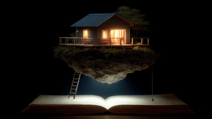 Cozy cabin floating island open book warm light night wooden house ladder tree fantasy miniature scene glow softly with wonder and calm over pages while dream stirs imagination in quiet night