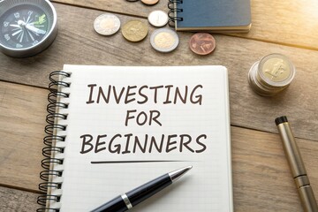 Investing for Beginners A notebook with handwritten notes, coins, and a compass on a wooden table