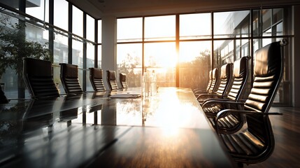 Modern office interior with glass walls, bright natural light, and a panoramic city view