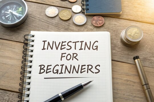 Investing for Beginners A notebook with handwritten notes, coins, and a compass on a wooden table