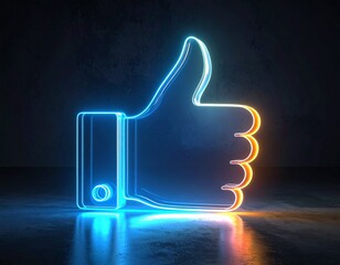 Glowing neon thumbs-up icon in vibrant blue and orange outline on dark background for digital approval social media engagement and modern lifestyle visuals