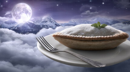Dreamy night sky surreal dessert floating plate moonlit clouds snowy mountains pastry fork powdered sugar mint leaf fantasy scene filled with wonder and calm