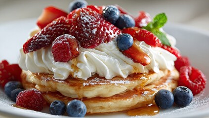 Two golden pancakes topped with whipped cream, strawberries, raspberries, blueberries, and a light dusting of powdered sugar, drizzled with syrup