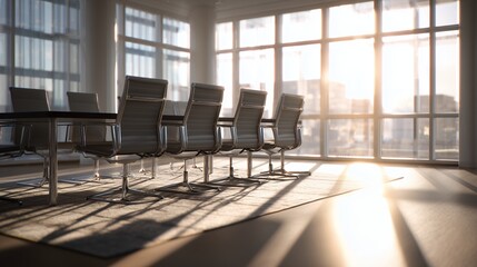 Modern office interior design featuring a wooden table, ergonomic chairs, and large window light in the room