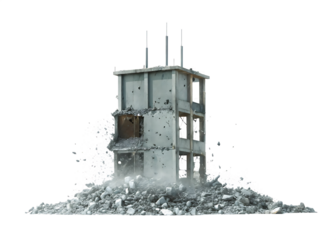 Collapsing concrete building rubble debris isolated on a transparent background collapse